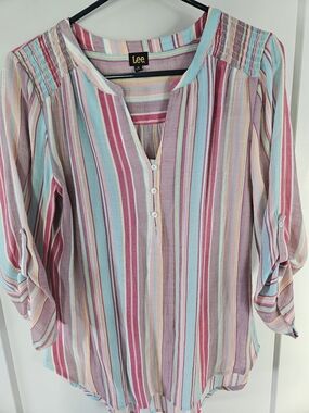 Lee Striped Boho Blouse Pastel Button Front Top